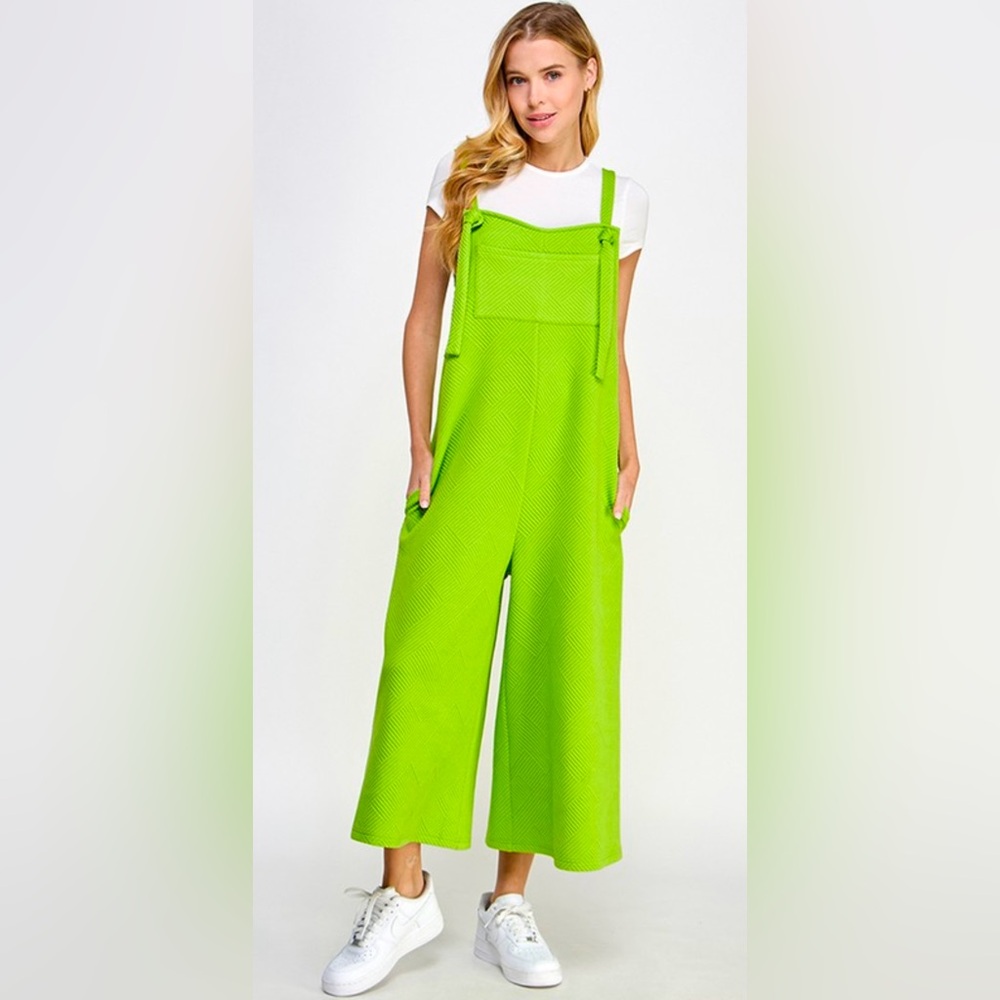 Nwt Lime Green Textured Wide-Leg Overalls Jumpsuit Size Large
